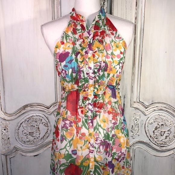 Twentyone Multi Colored Ruffle Front Button Down Cut in Sleeveless Dress S/S - Picture 1 of 10